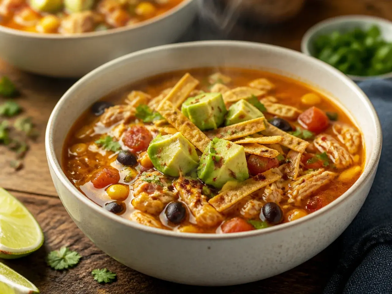 Quick weeknight chicken tortilla soup in a bowl topped with crumbled tortilla chips, ready in 30 minutes.
