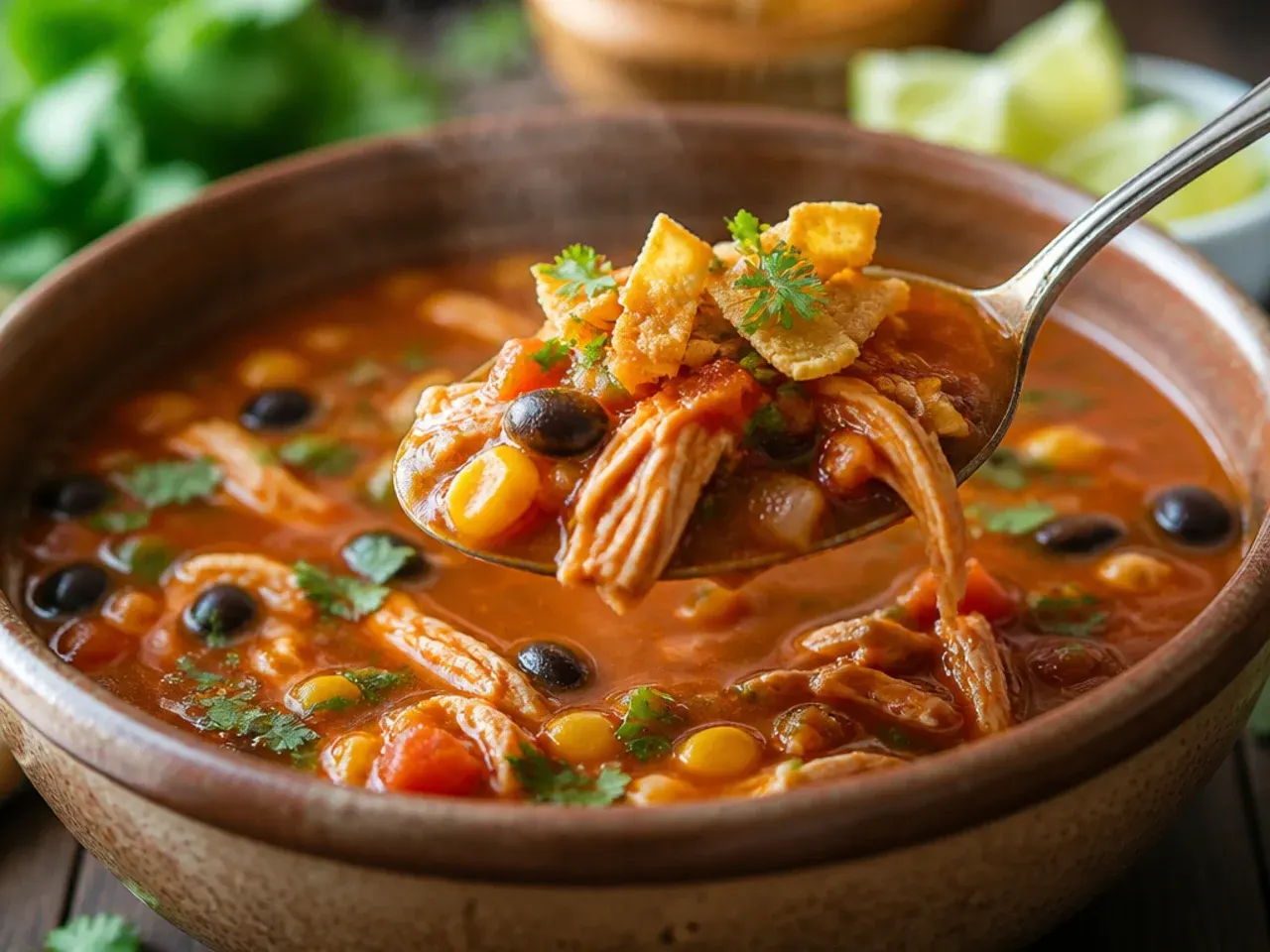 Slow cooker filled with chicken tortilla soup, lid resting to the side, chicken shredded and ready to serve.