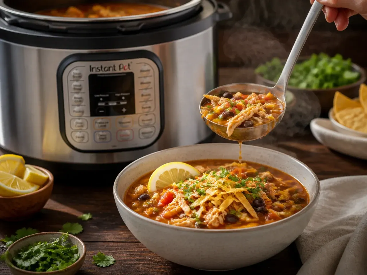 Instant Pot electric pressure cooker open with finished chicken tortilla soup and shredded chicken inside.