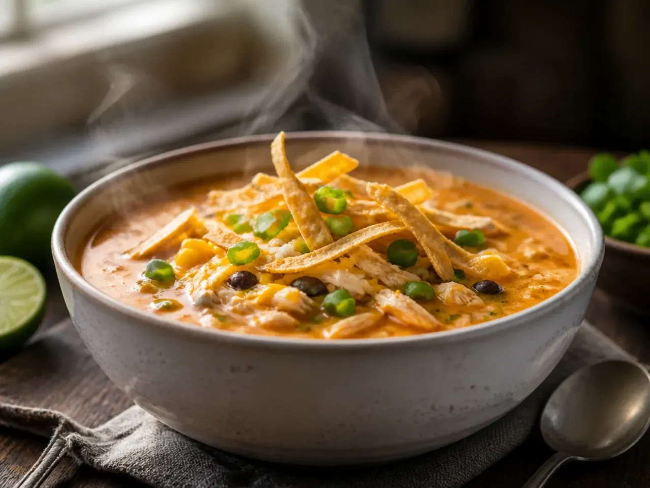 Bowl of creamy chicken tortilla soup with a swirl of sour cream and tortilla strips on top.