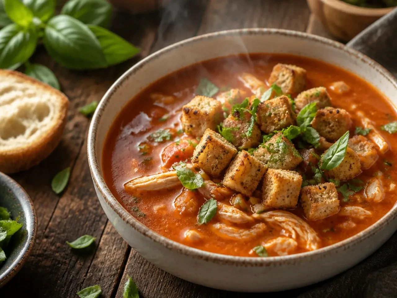 Simple five-ingredient chicken tortilla soup with tortilla chips crumbled over the top.