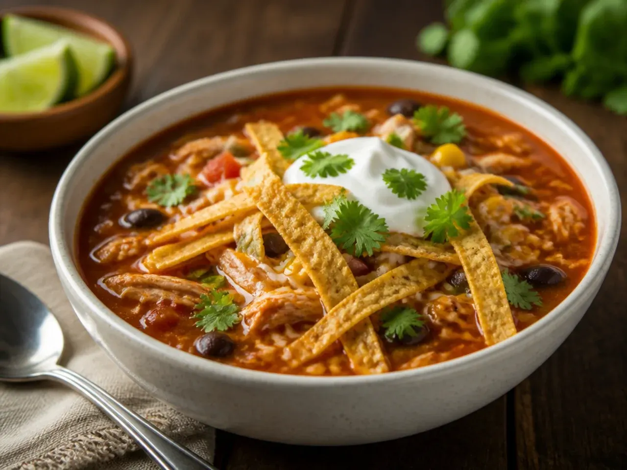 Cheesy chicken tortilla soup with melted Monterey Jack cheese bubbling on top, grilled until golden.