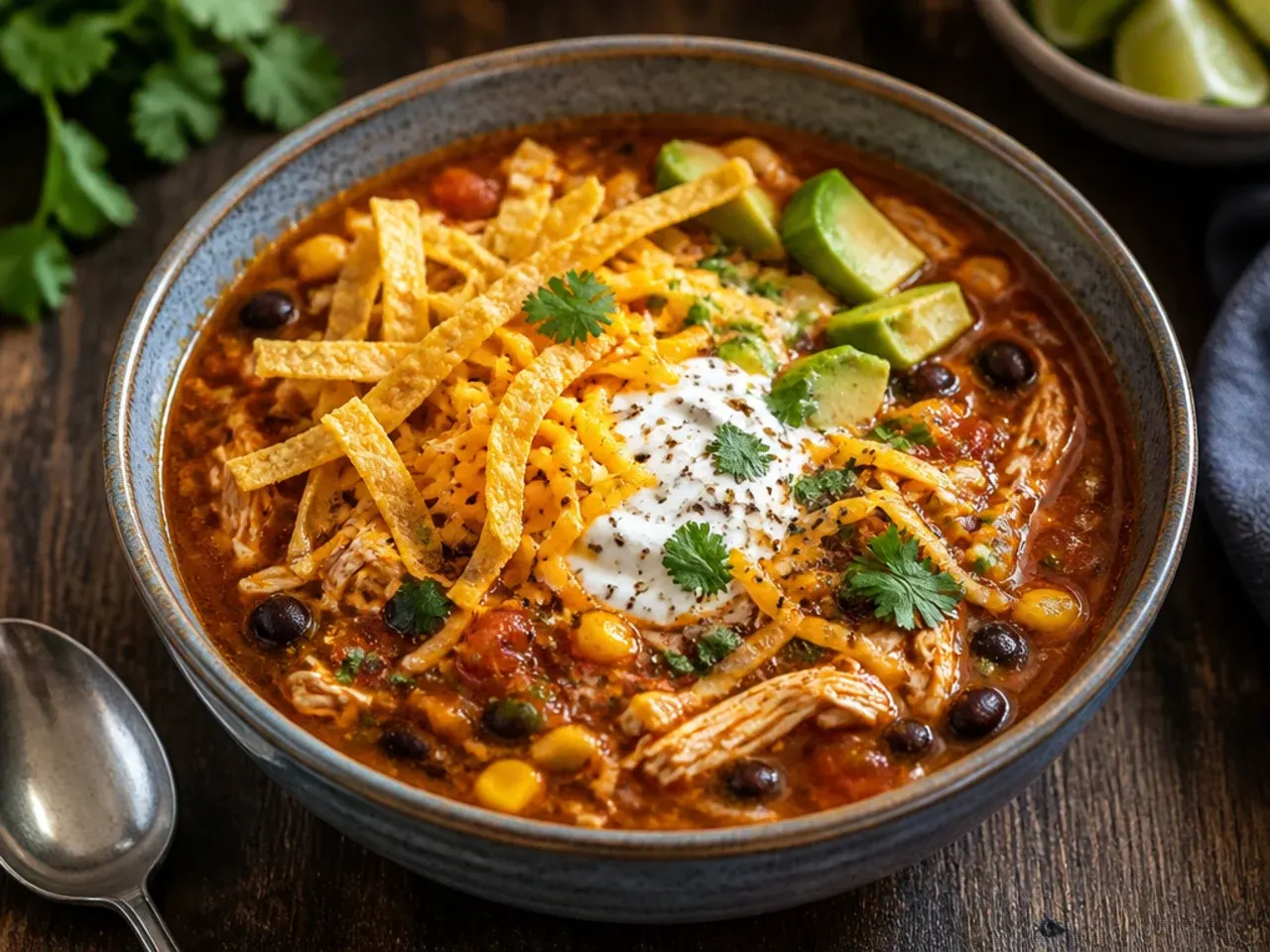 Loaded chicken tortilla soup piled high with black beans, sweetcorn and diced avocado.