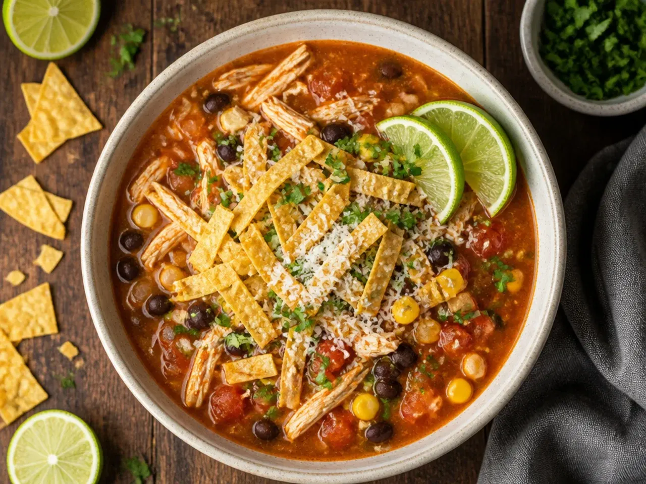 Budget-friendly chicken tortilla soup made with pantry staples like canned tomatoes and beans.