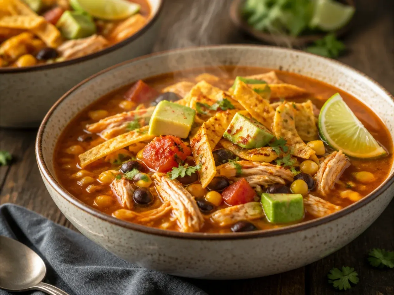 Single pot of chicken tortilla soup made entirely with rotisserie chicken and its own enriched stock.