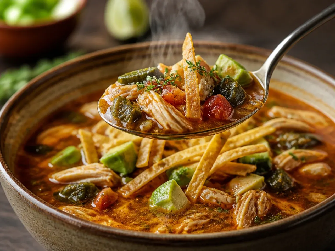 Charred poblano peppers on a grill next to a pot of rustic chicken tortilla soup.