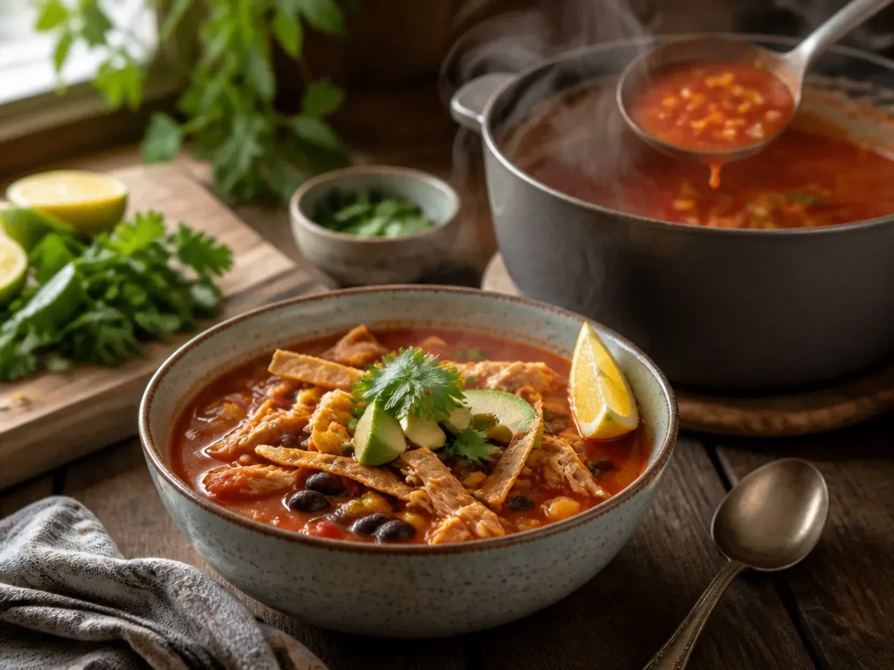 Thick, tomato-rich smoky chicken tortilla soup with a deep red-orange colour.