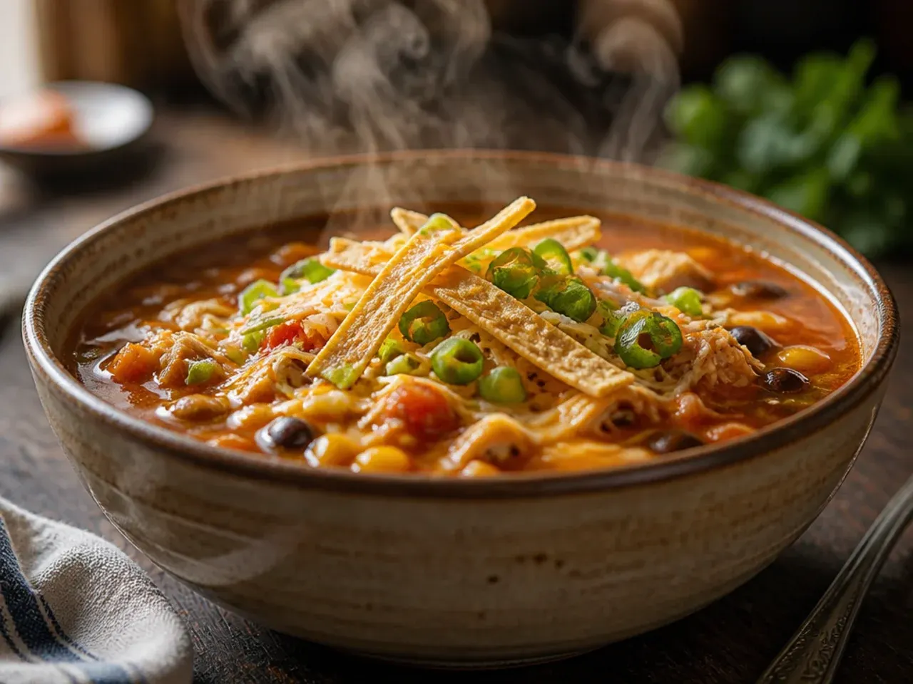 Large stockpot of family-size chicken tortilla soup with ladle, surrounded by bowls for serving a crowd.
