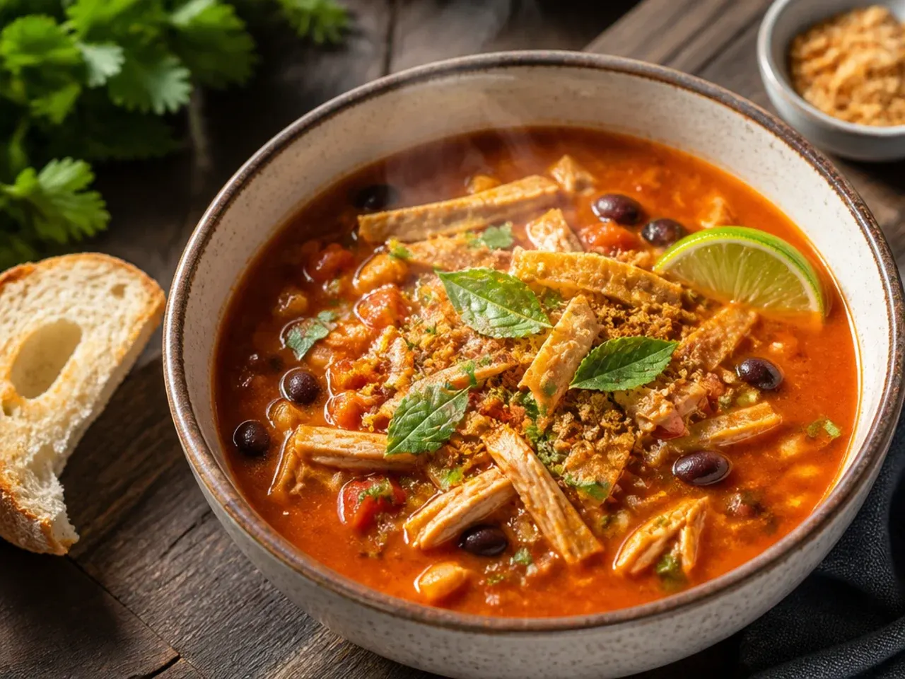 Restaurant-style plated bowl of chicken tortilla soup with individually arranged avocado, cotija and lime wedge.
