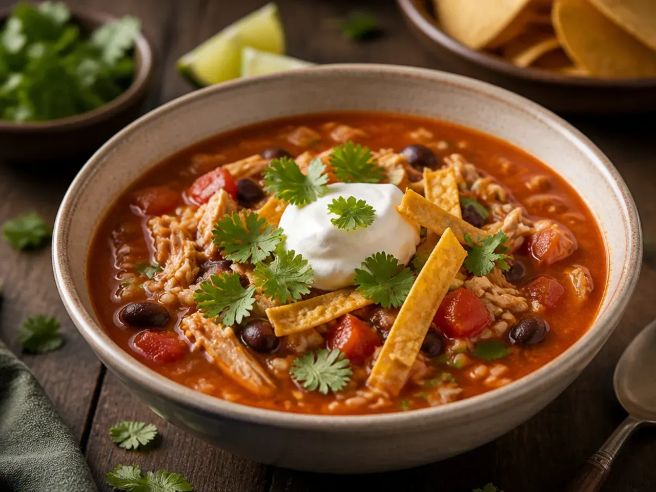 Low-carb chicken tortilla soup with cauliflower rice instead of beans and corn.