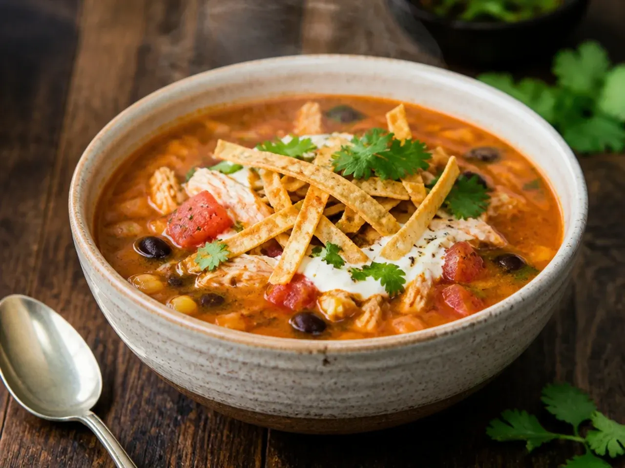 Lightened-up chicken tortilla soup with baked tortilla strips and a dollop of Greek yoghurt.