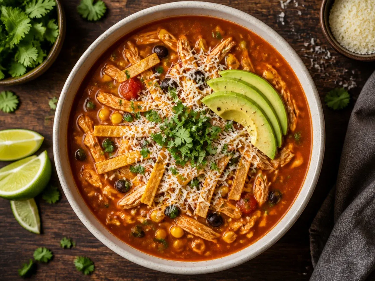 Heavy Dutch oven filled with simmering chicken tortilla soup on the stovetop.