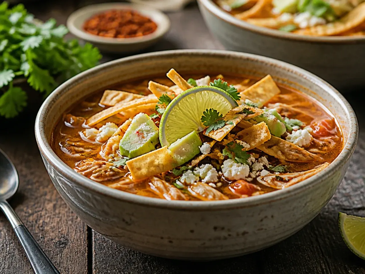 Crispy crumbled rotisserie chicken skin scattered over a bowl of tortilla soup alongside tortilla strips.