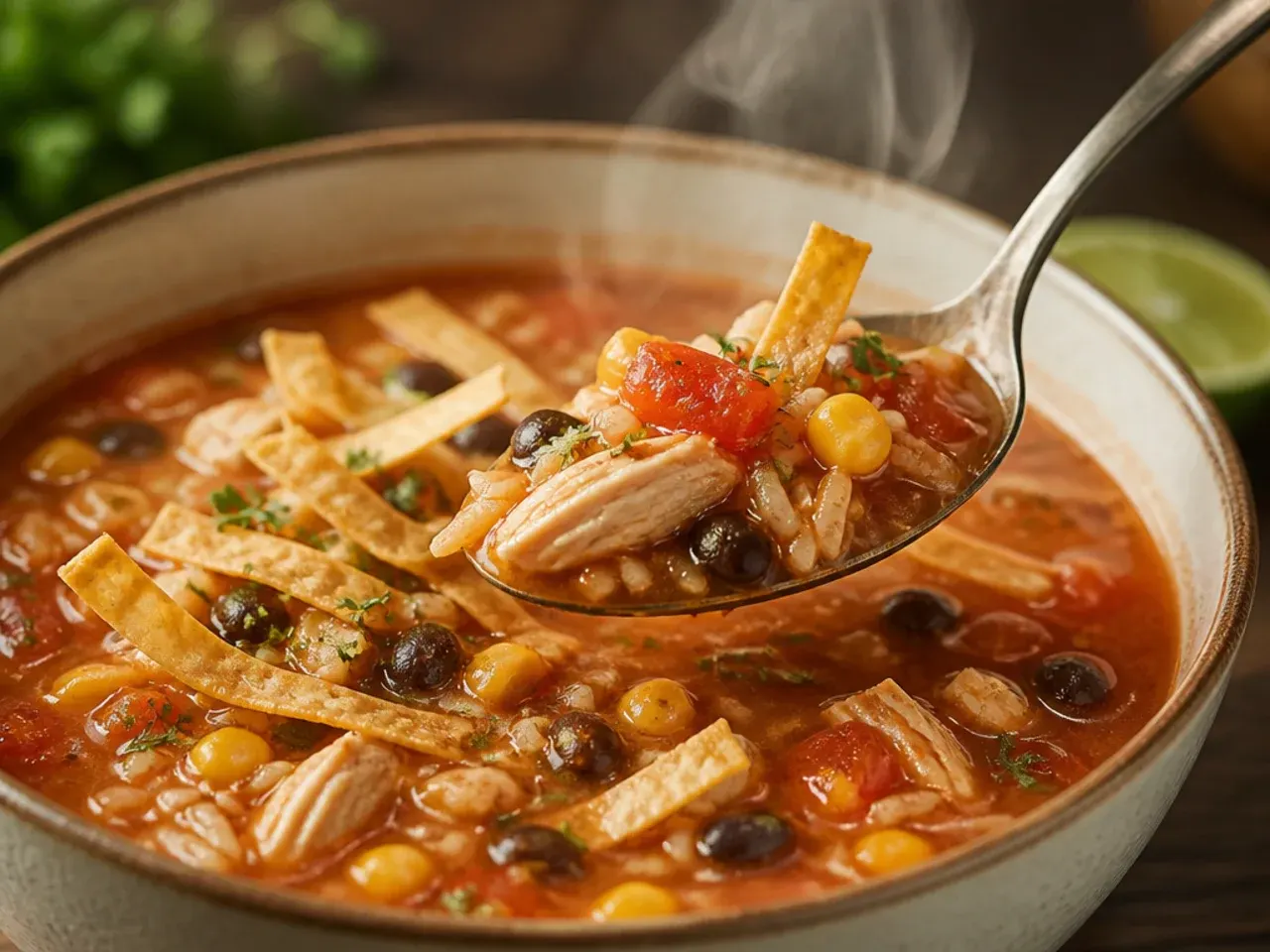 Hearty chicken tortilla soup with rice stirred through the broth, served in a deep bowl.