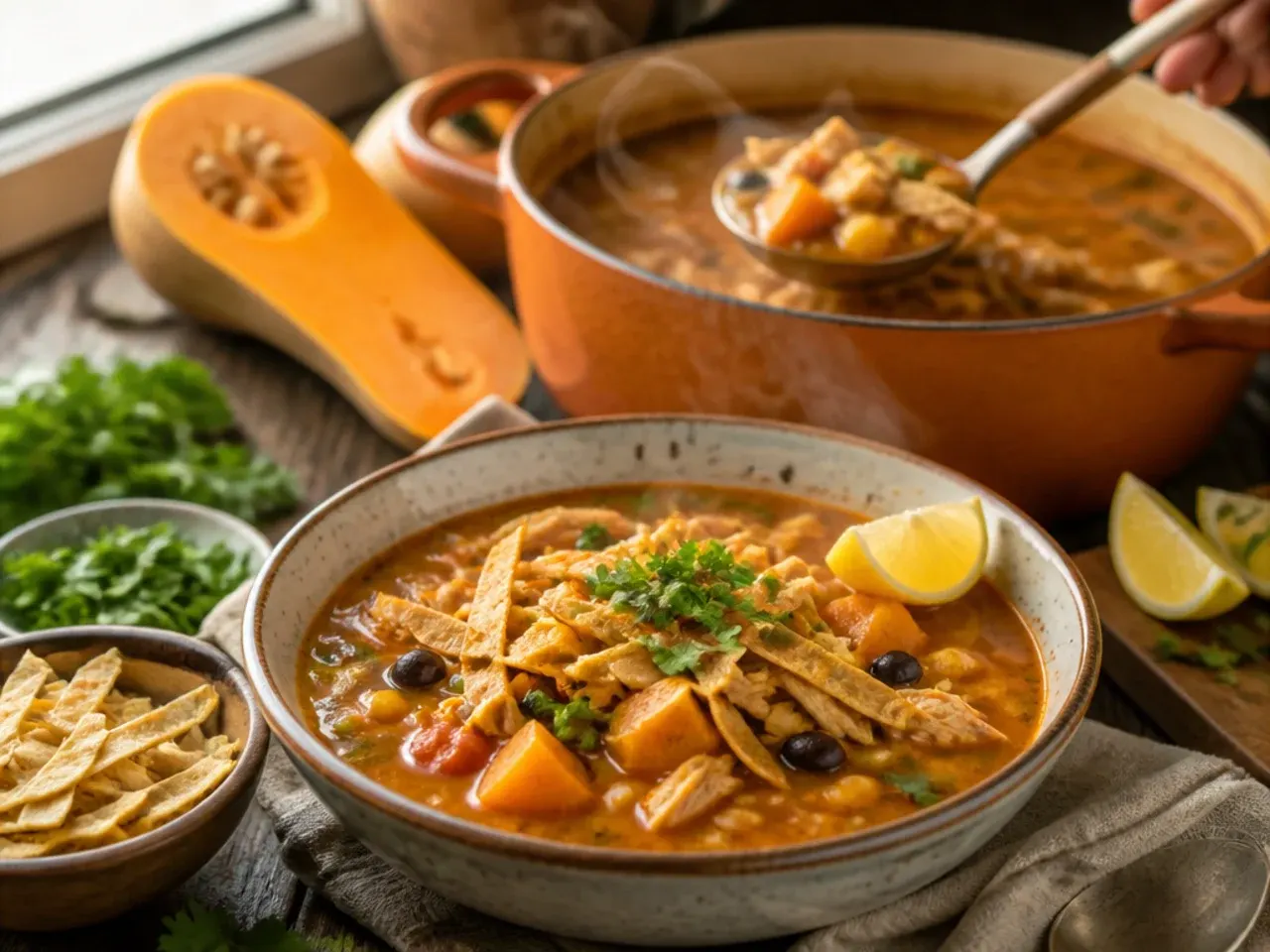 Golden autumn chicken tortilla soup with diced butternut squash in a rustic bowl.