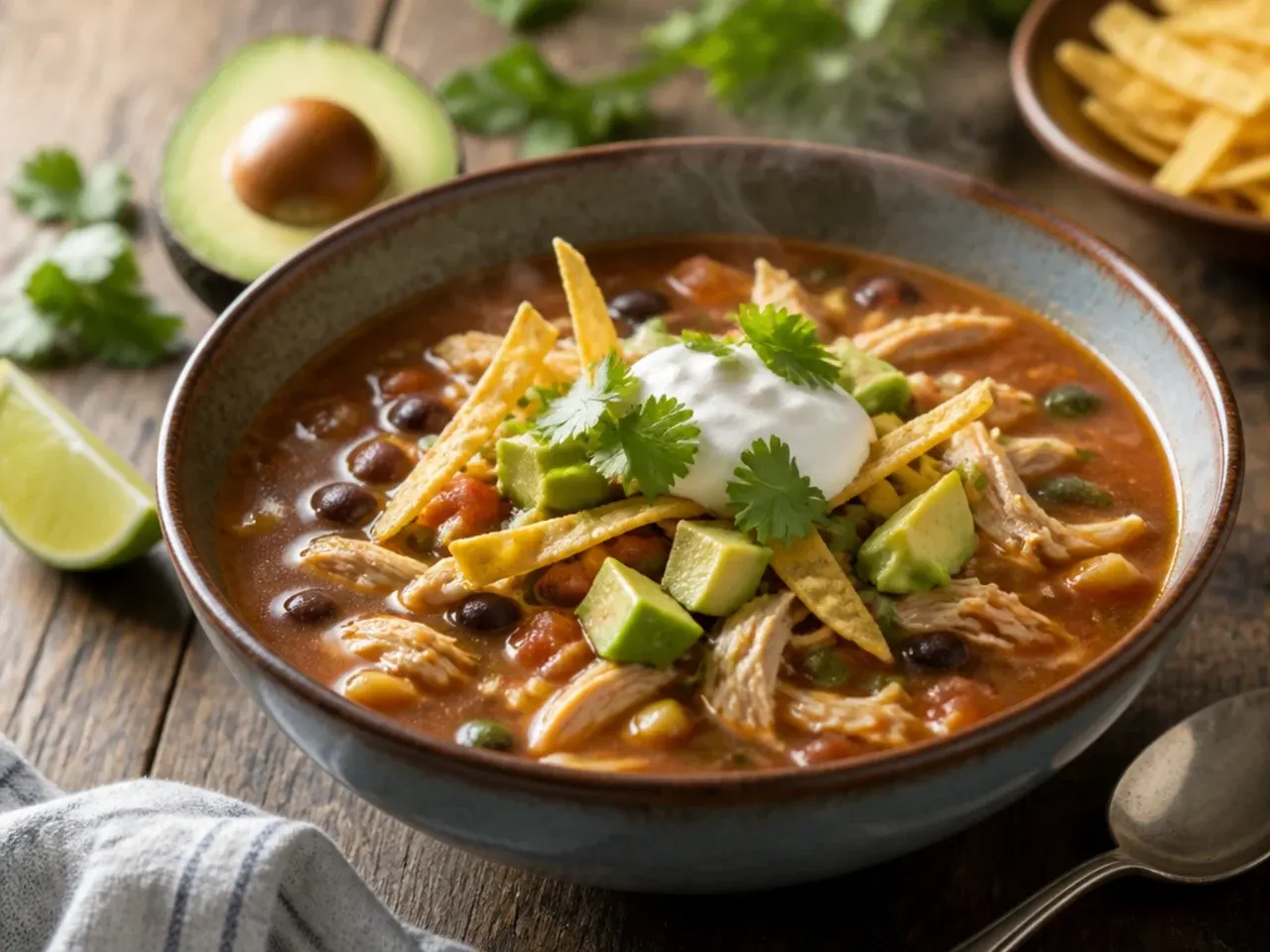 Comforting chicken tortilla soup with creamy avocado folded through the broth.
