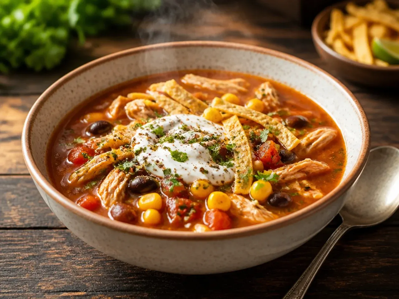 Budget chicken tortilla soup made entirely from canned and frozen ingredients lined up on the counter.