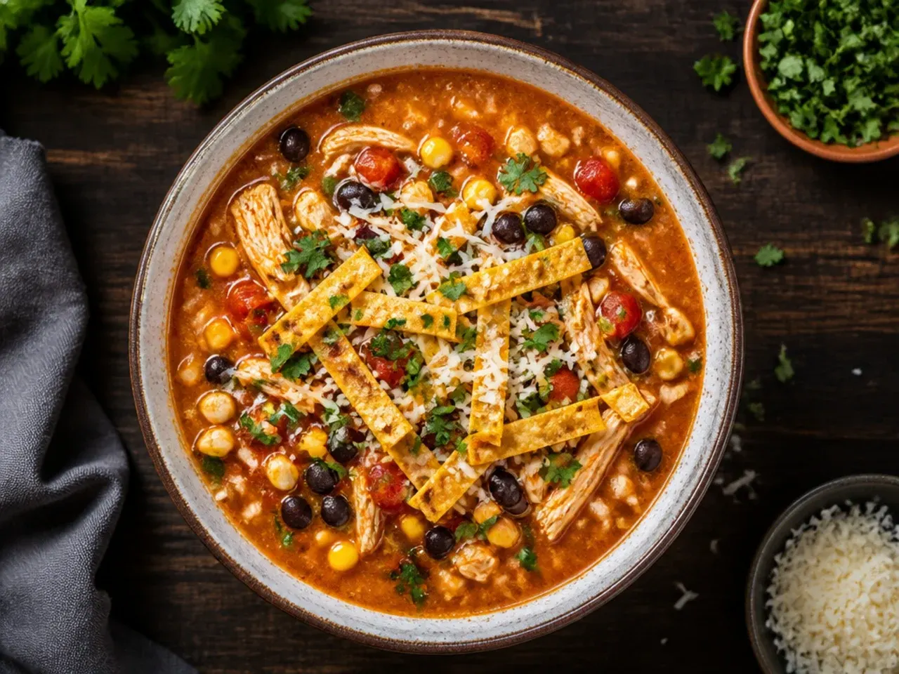 Speedy 20-minute chicken tortilla soup made with pre-chopped vegetables and jarred salsa.