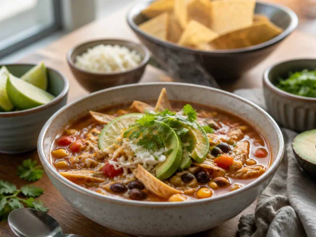 Toppings bar with small bowls of avocado, cheese, lime wedges and tortilla strips beside a pot of soup.