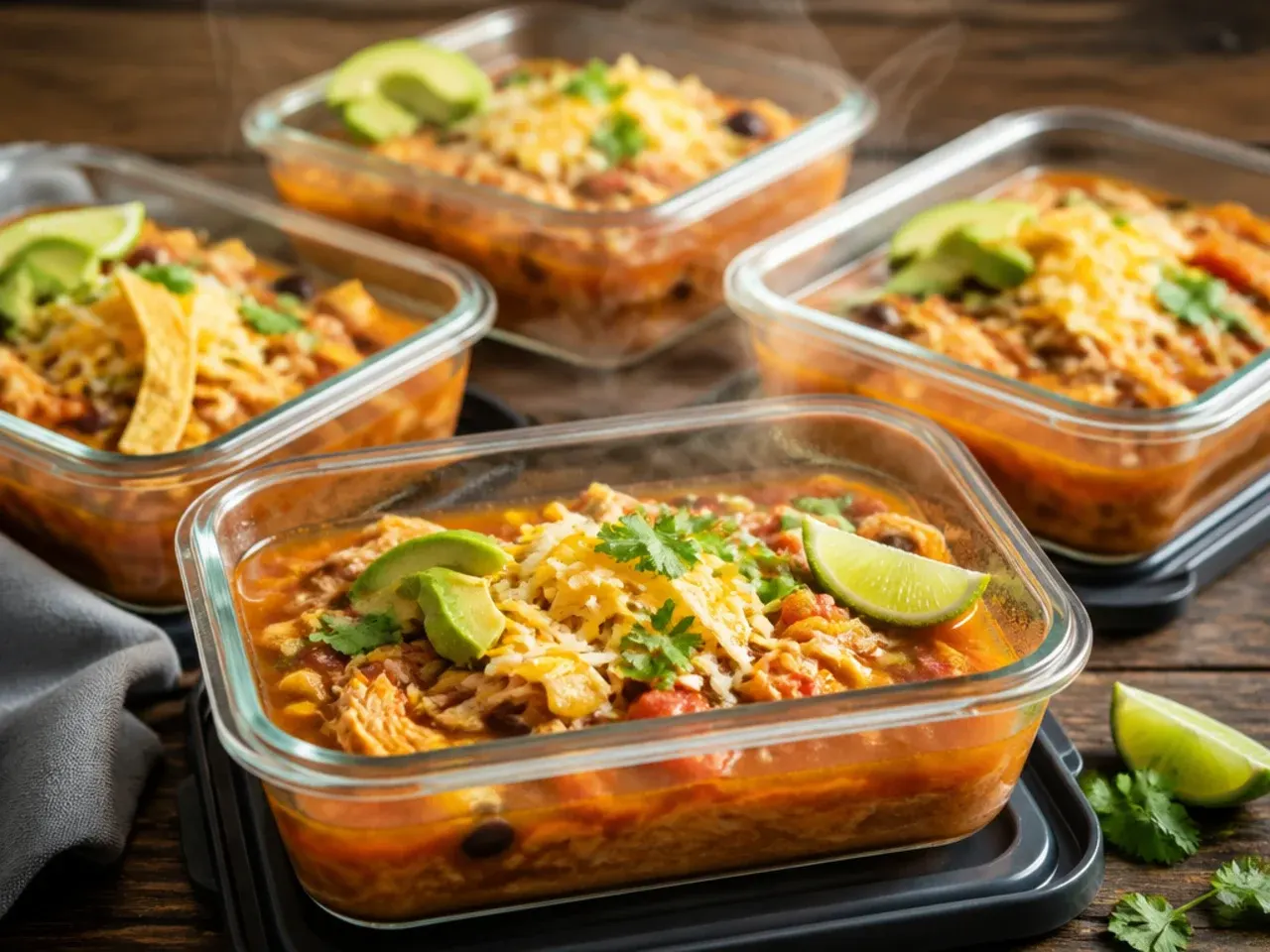 Meal-prep containers of chicken tortilla soup labelled and stacked in the fridge for storage.