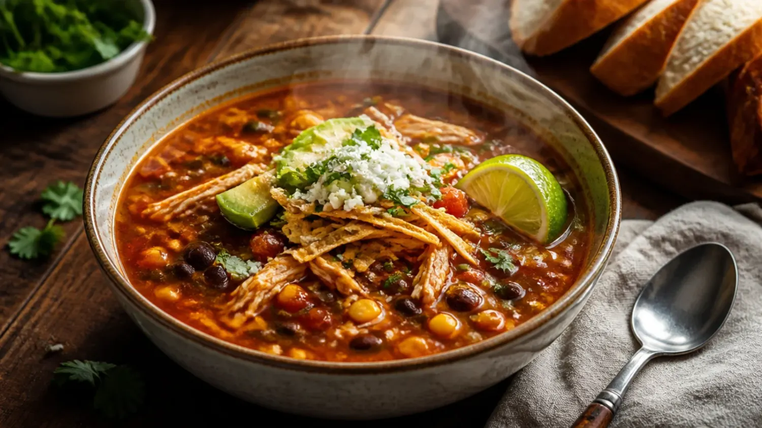 Overhead shot of a white bowl of chicken tortilla soup topped with crispy tortilla strips, diced avocado, cilantro, and a lime wedge, with the pot simmering on the stove top in the background