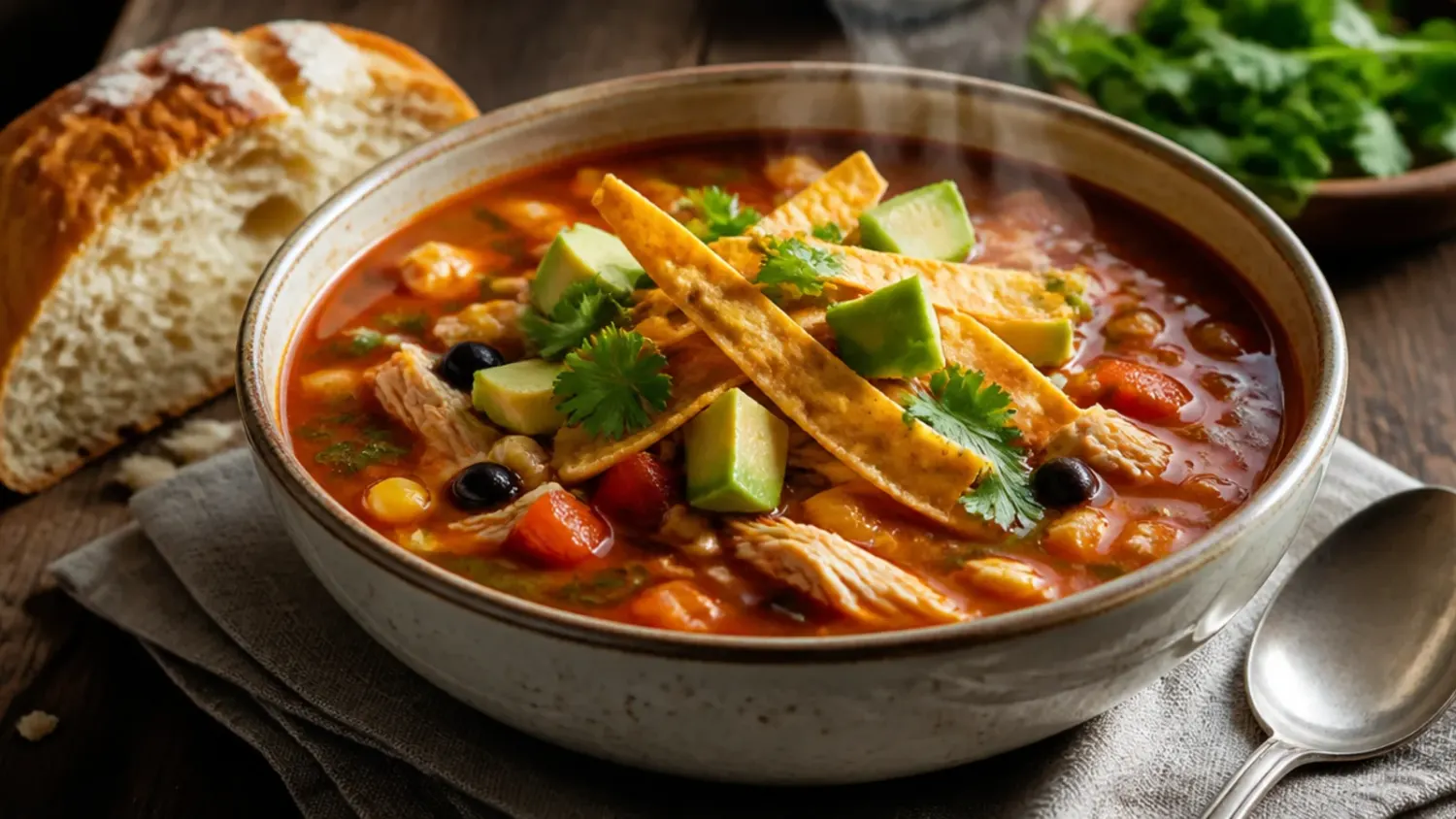 Overhead shot of a bowl of chicken tortilla soup topped with avocado, cheese, sour cream, lime and crispy tortilla strips
