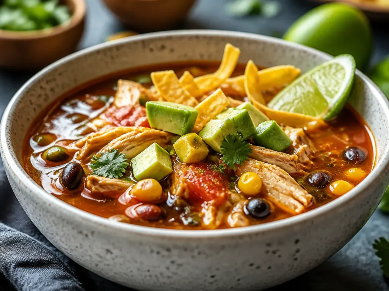 Steaming pot of chicken tortilla soup simmering on the stove with visible chicken, tomatoes and herbs