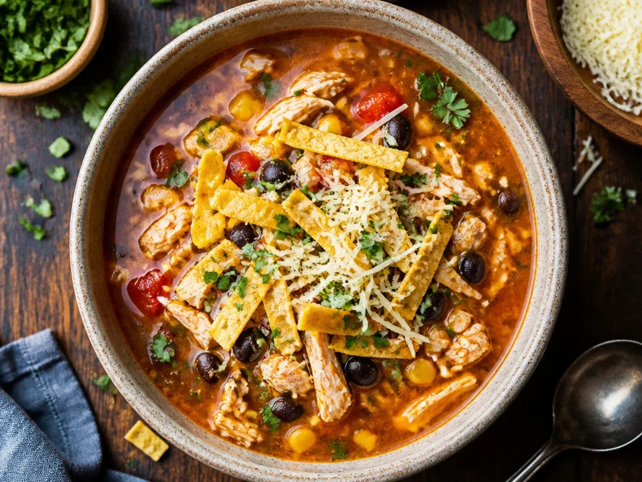 Bowl of classic chicken tortilla soup with shredded chicken, tomatoes and tortilla strips on top