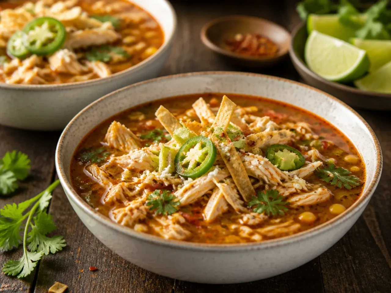 Quick chicken tortilla soup made with rotisserie chicken and jarred salsa in a white bowl