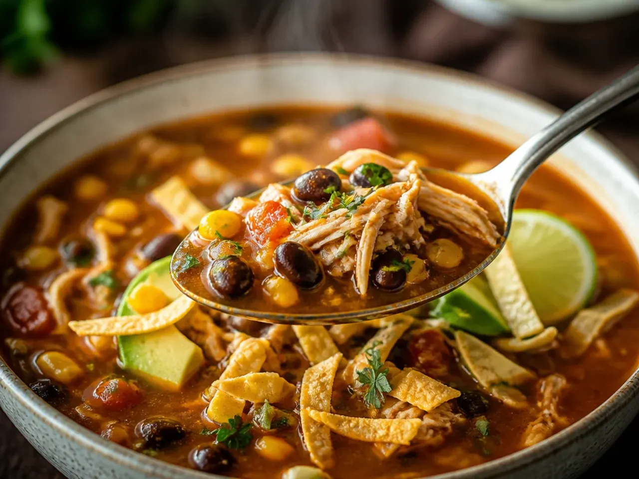 Thick, hearty chicken tortilla soup with rice and beans in a deep bowl