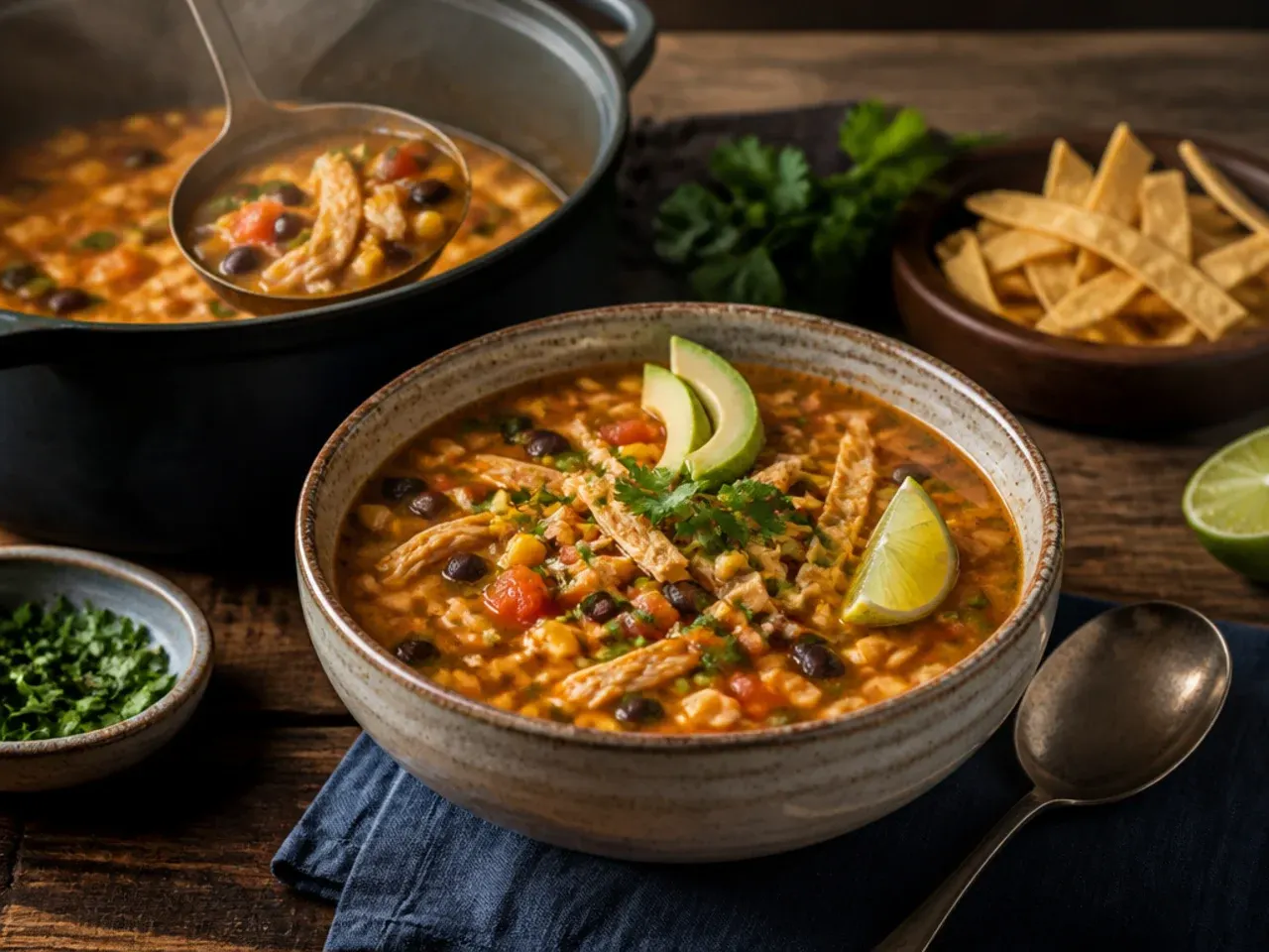 Slow cooker filled with chicken tortilla soup and whole chicken breasts before shredding