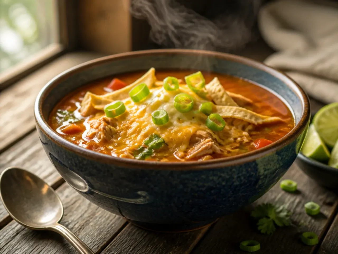 Creamy chicken tortilla soup with a swirl of cream and melted cheese on top