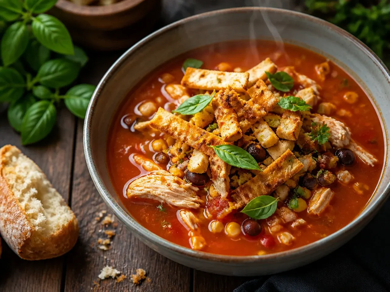 Simple six-ingredient chicken tortilla soup in a rustic bowl