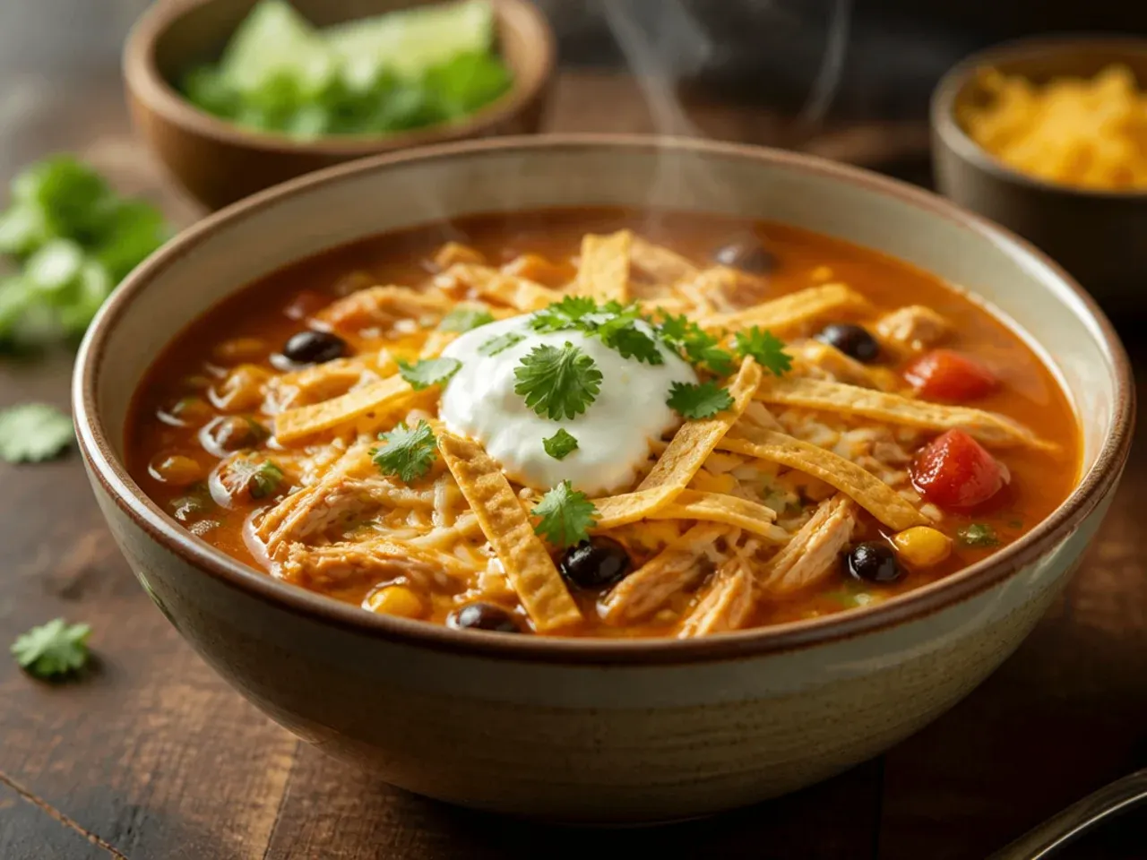 Cheesy chicken tortilla soup with melted pepper jack cheese stirred through the broth