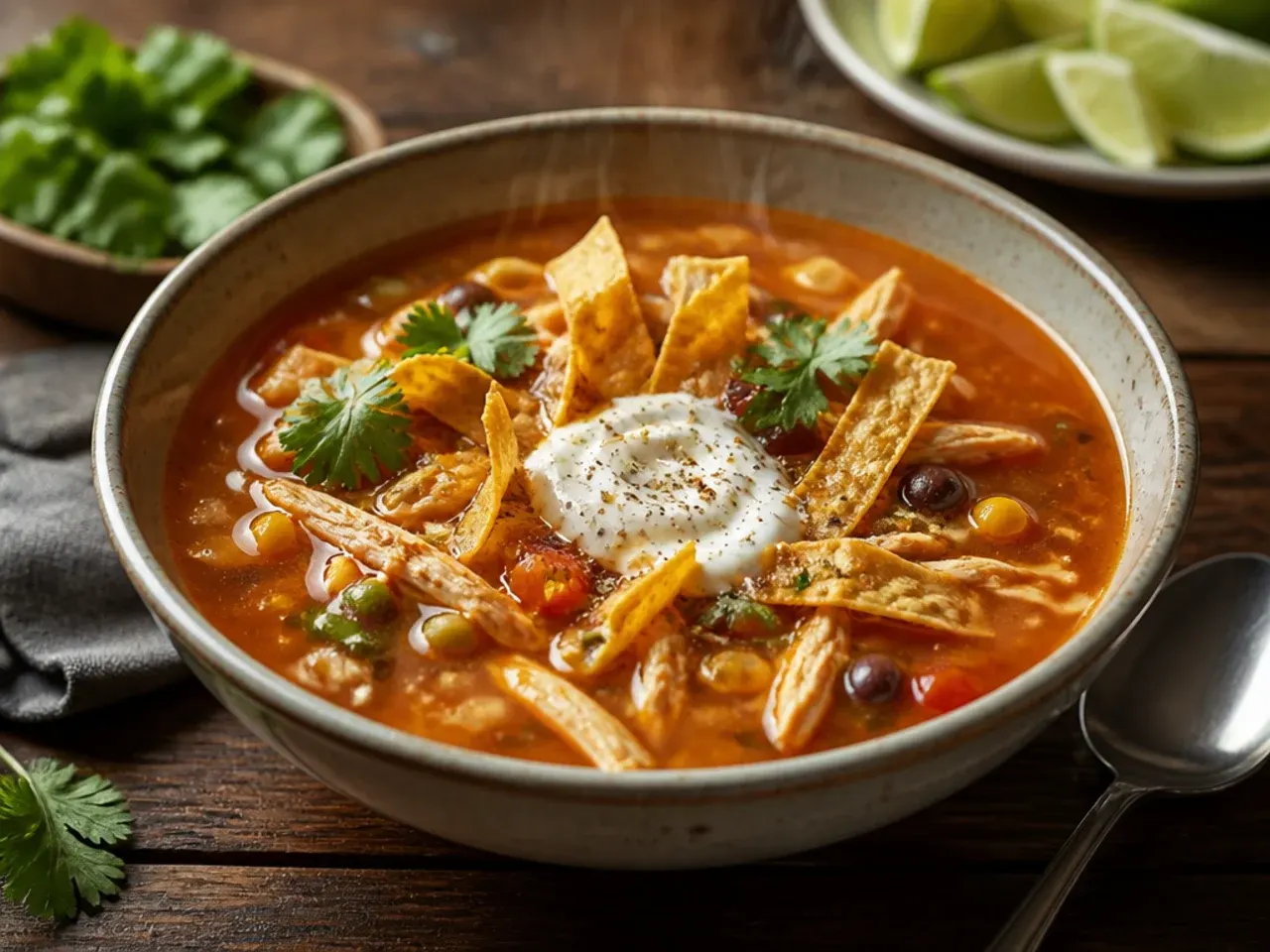 Comforting bowl of chicken tortilla soup with a dollop of sour cream and steam rising