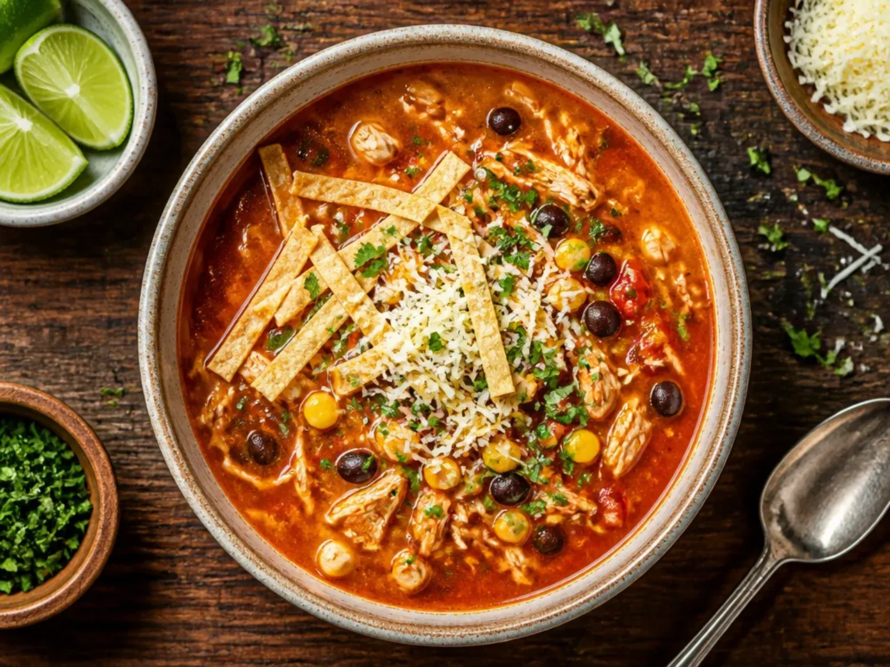 Budget-friendly chicken tortilla soup made with tinned chicken and pantry staples