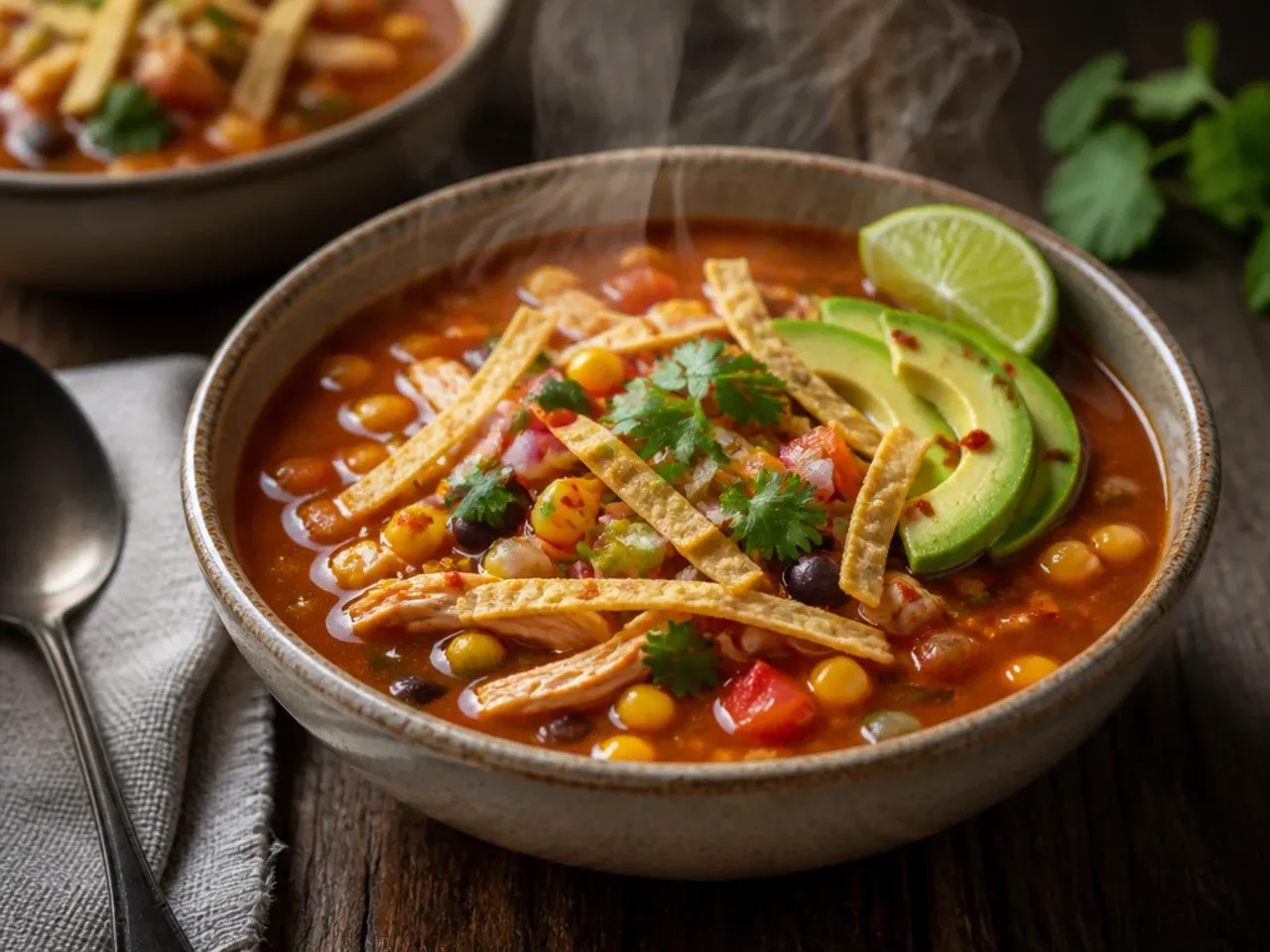 Electric pressure cooker filled with chicken tortilla soup ready to serve