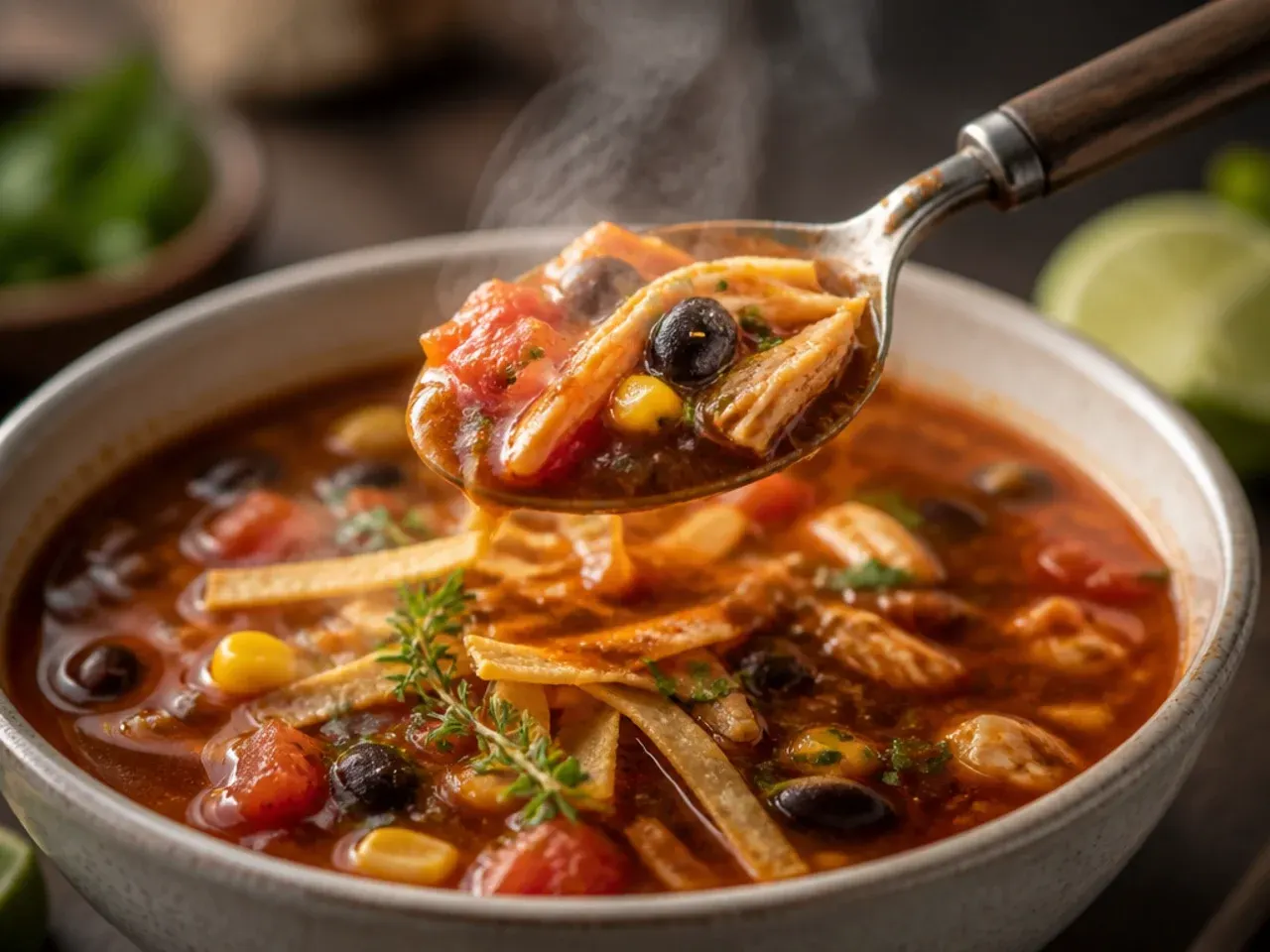 Rustic chicken tortilla soup made with charred tomatoes and jalapeño