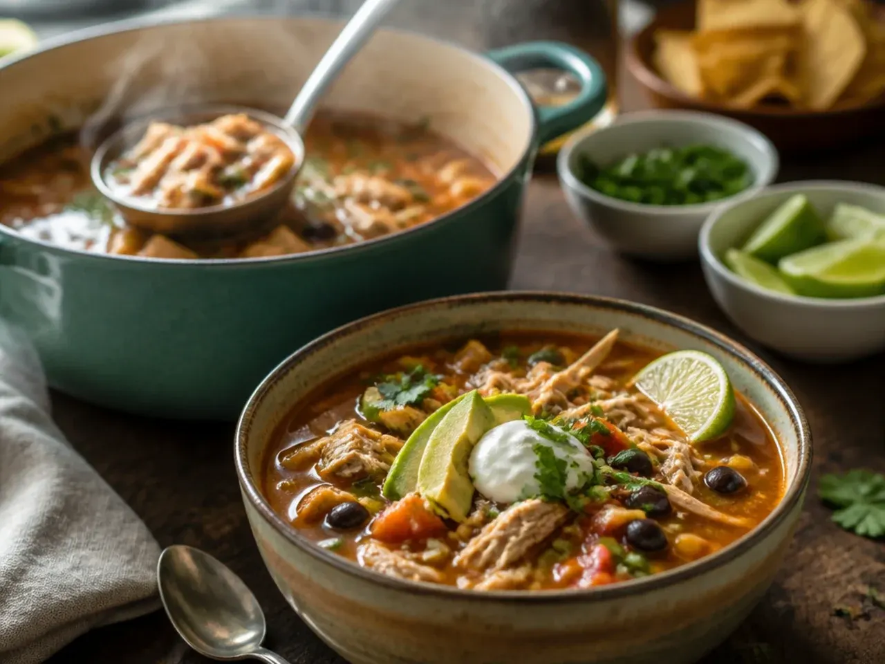 Chicken tortilla soup topping bar with small bowls of avocado, cheese, lime and tortilla strips