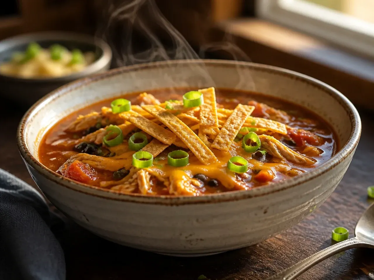Family-sized pot of mild chicken tortilla soup with small bowls for serving