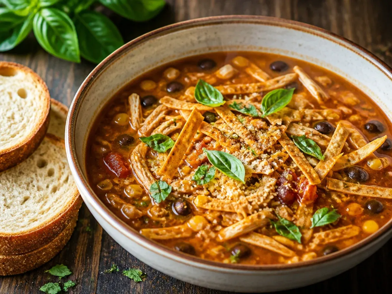 Restaurant-style chicken tortilla soup with chipotle and roasted tomatoes in a stylish bowl