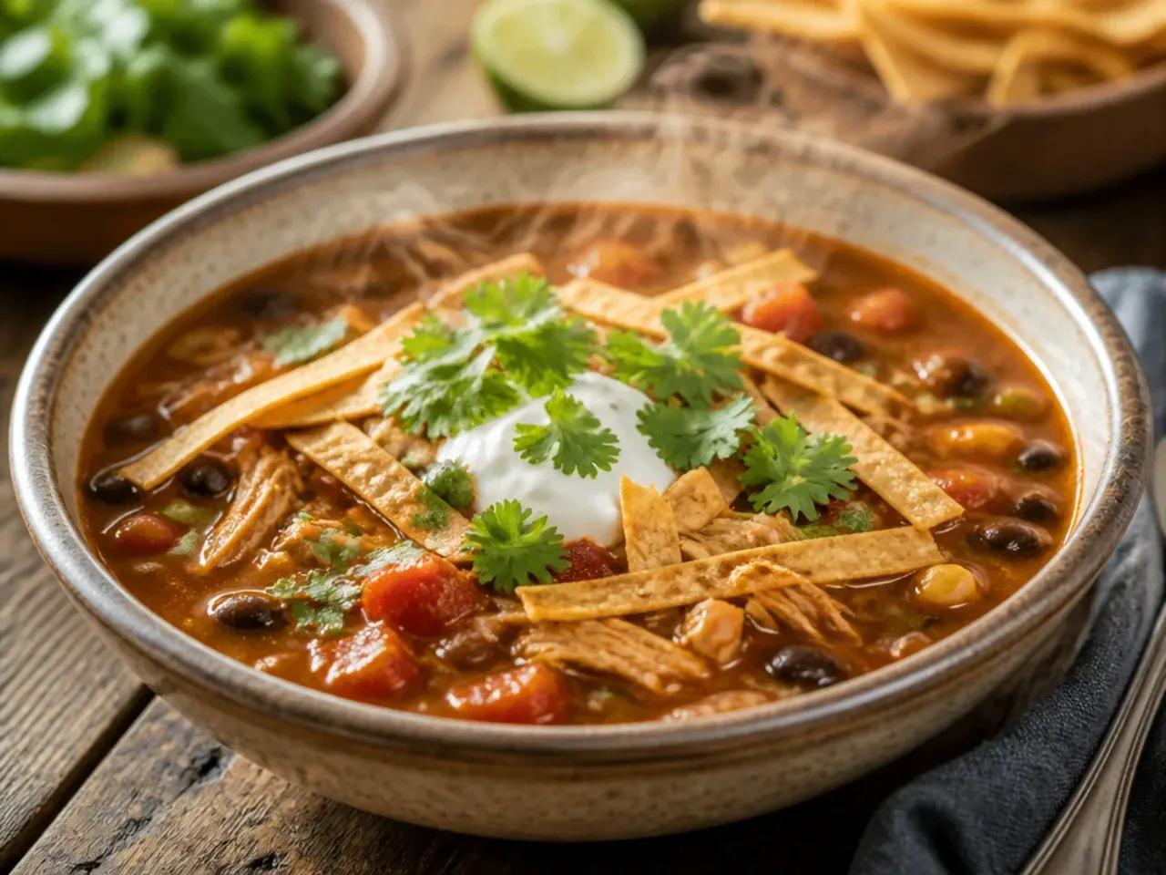 One-pot chicken tortilla soup with rice simmering in a Dutch oven