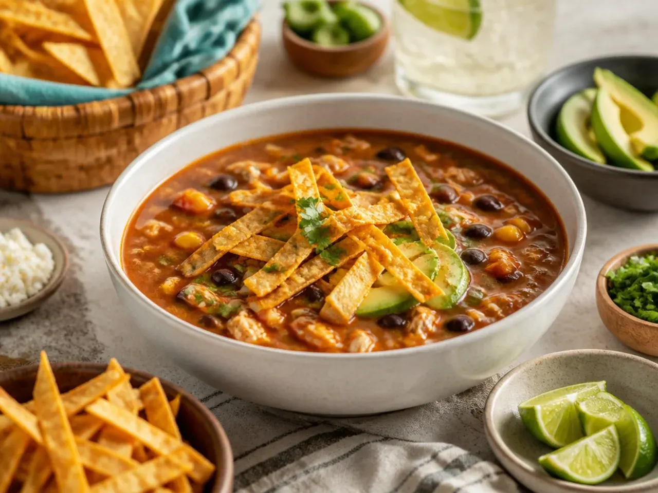 Table set with bowls of chicken tortilla soup, cornbread and a green salad
