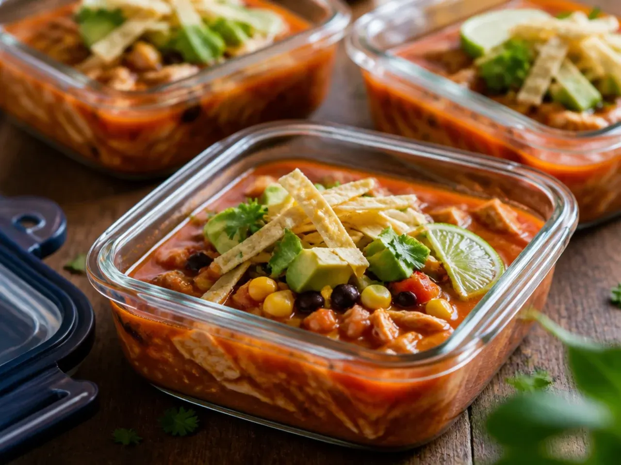 Containers of leftover chicken tortilla soup ready to be stored in the fridge and freezer