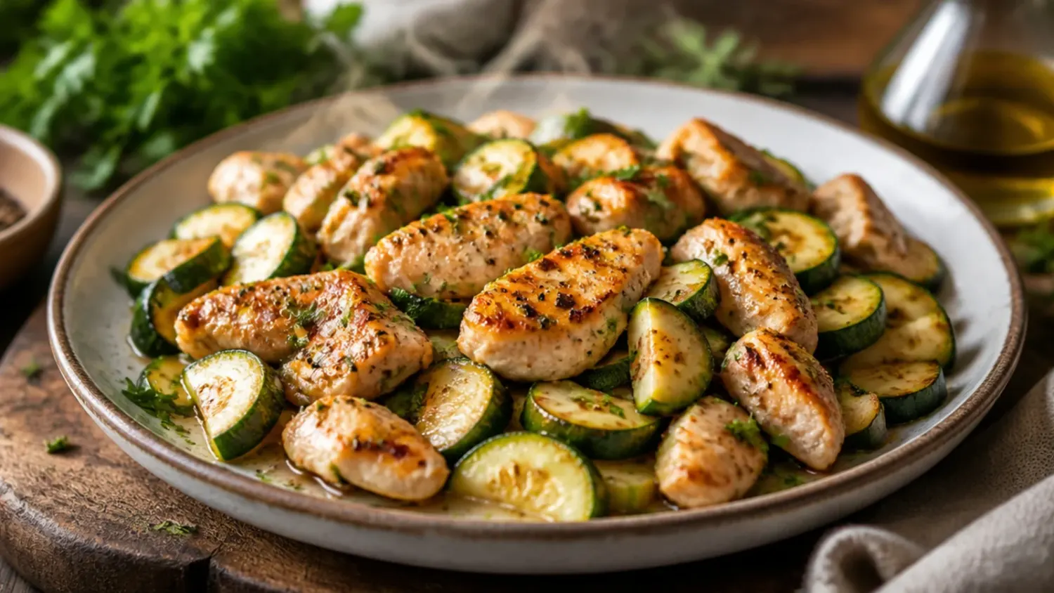 Golden seared chicken and sliced zucchini in a creamy garlic Parmesan sauce in a skillet, garnished with fresh parsley
