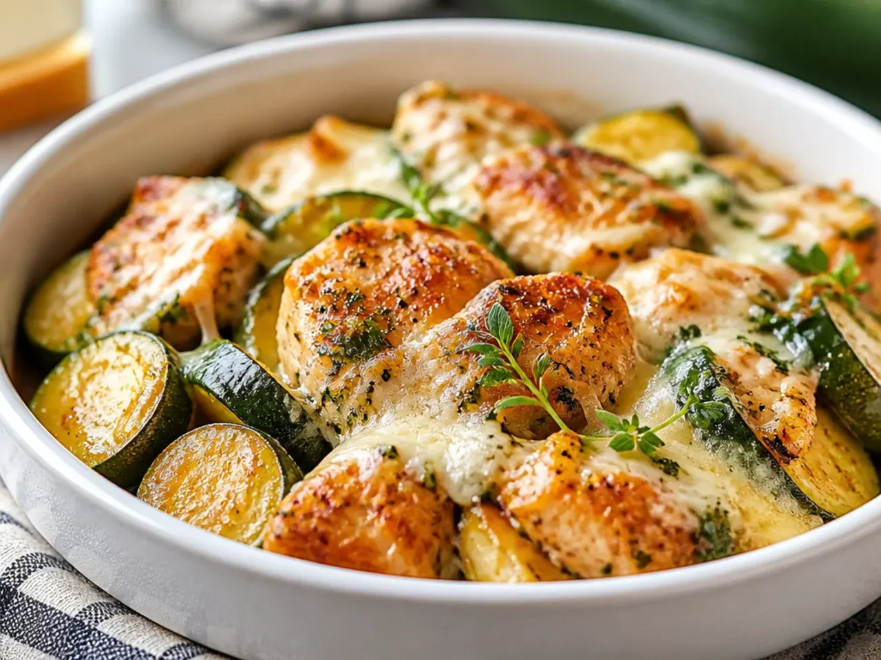Overhead spread of chicken zucchini recipes including a skillet, a bake, and a pasta dish on a wooden table