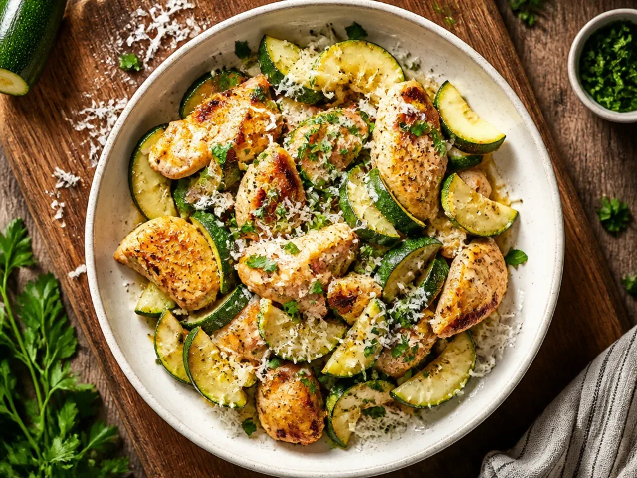 Seared chicken breast and zucchini in a creamy garlic Parmesan sauce in a cast iron skillet