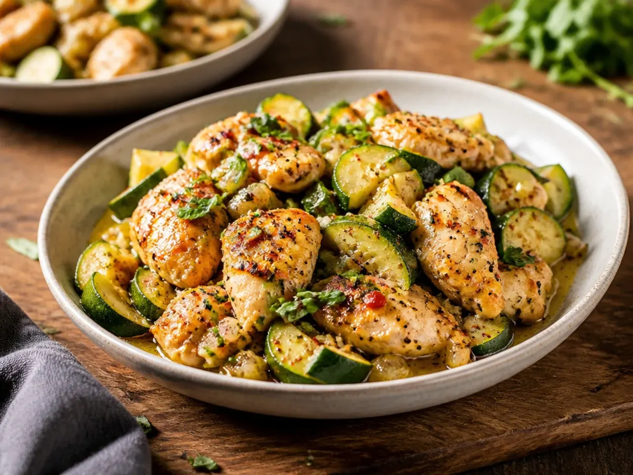 Thin chicken cutlets and sliced zucchini in a skillet finished with lemon and butter