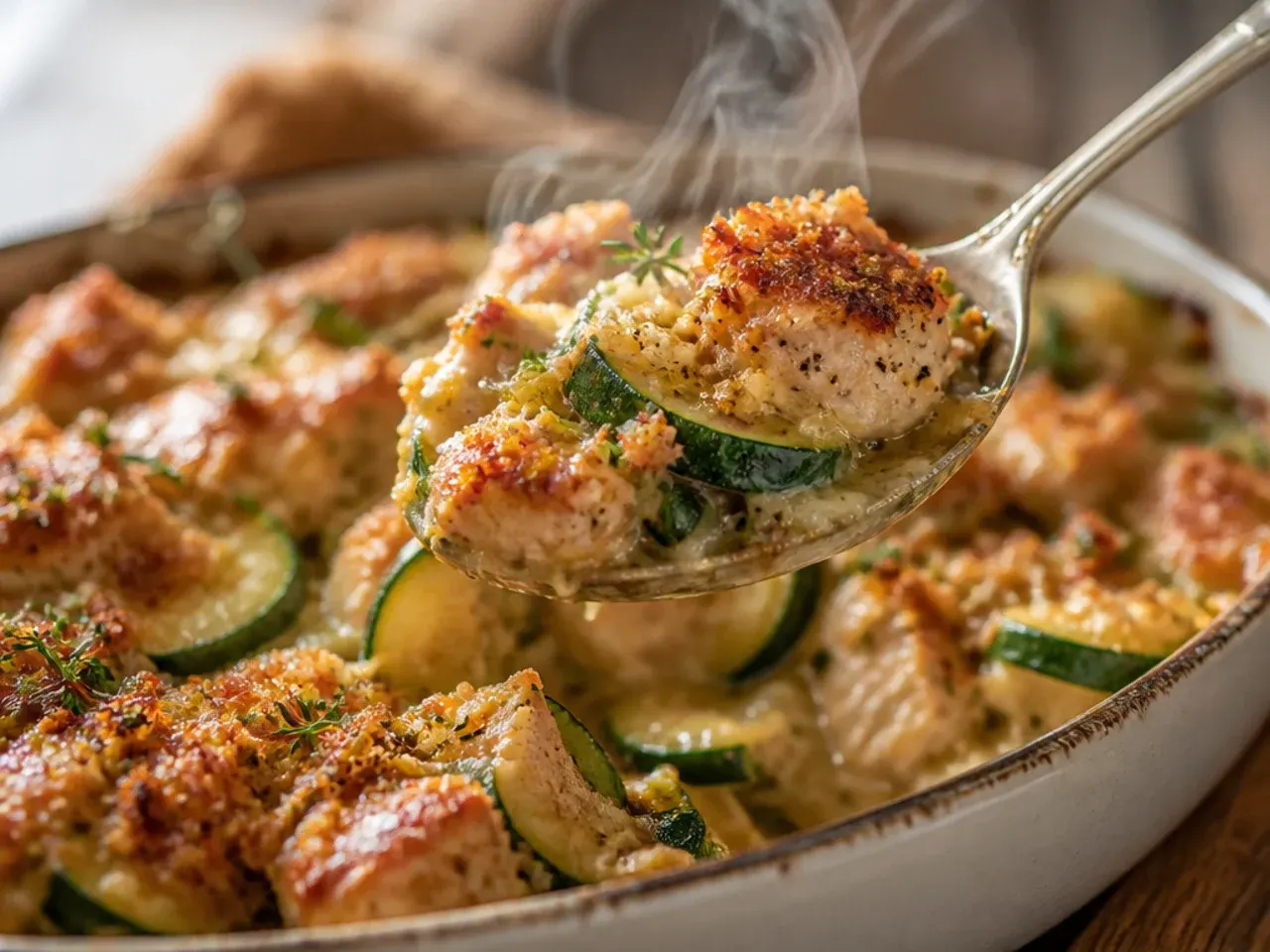 Zucchini ribbons and lemon garlic chicken in a skillet with fresh basil scattered on top