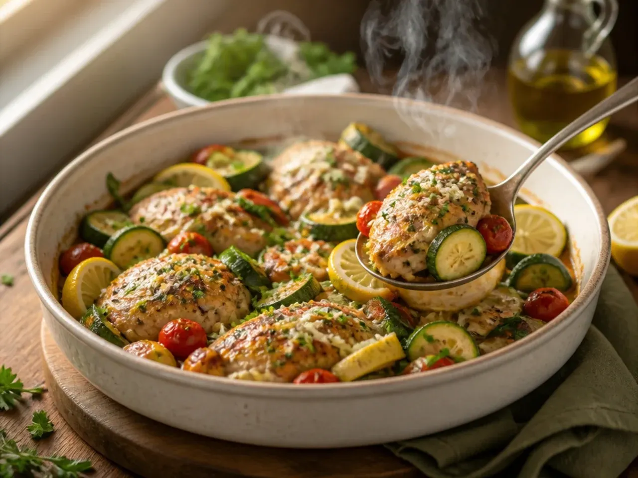 Baking dish of chicken thighs, zucchini rounds, cherry tomatoes, olives, and feta fresh from the oven